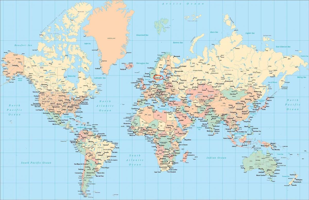 世界地図上のストックホルムの位置